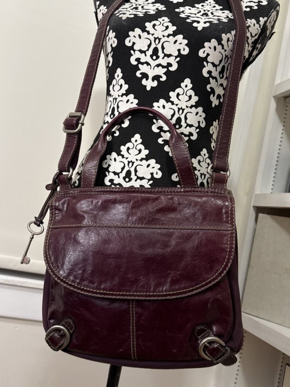 Vintage Fossil Long Live Handbag Women's burgundy Leather Top Handle Crossbody